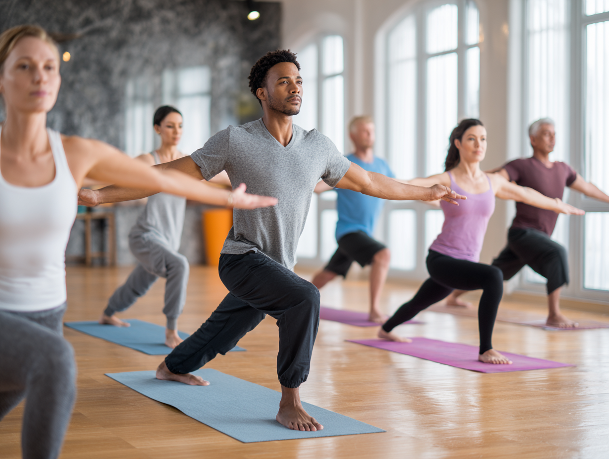 Група людей різного віку виконує йогу в затишній студії